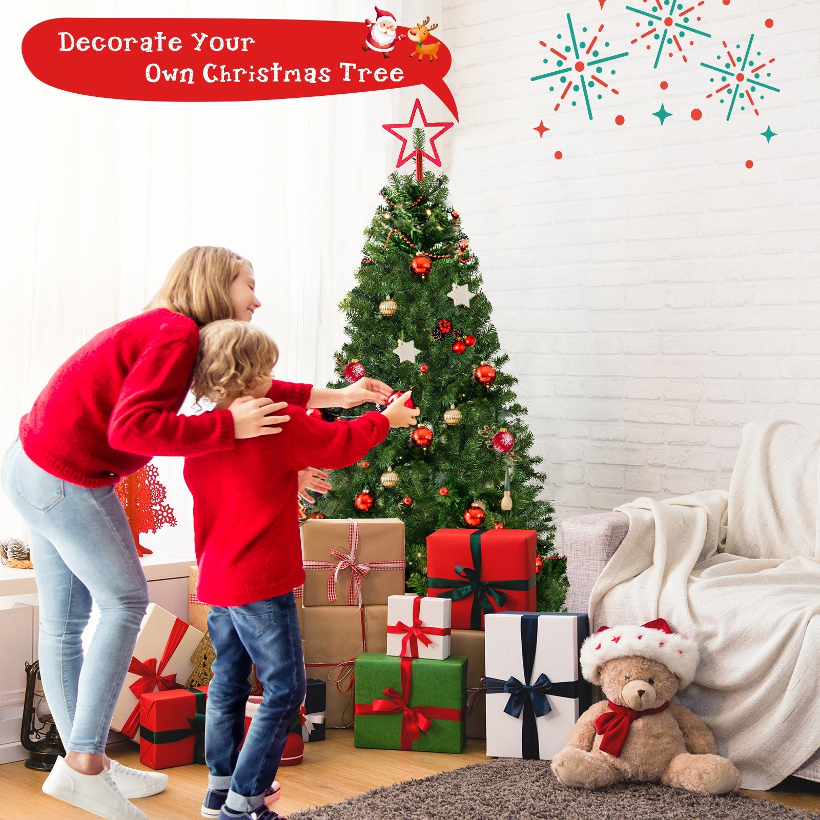 Pre-Lit Artificial Christmas Tree with Multicolored 150 LED Lights and Metal Stand