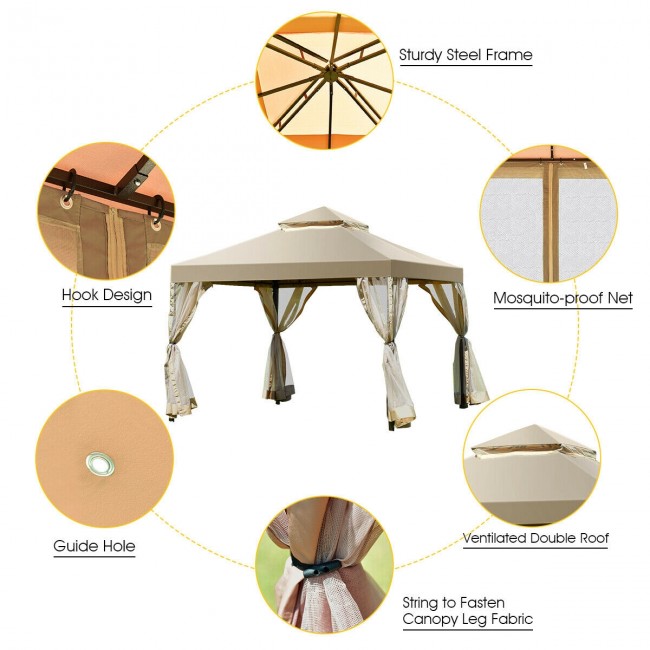 10’ x 10’ Outdoor Garden Gazebo Canopy Patio Screw-free Structure Shelter Tent with 2-Tier Roof and Mosquito Netting