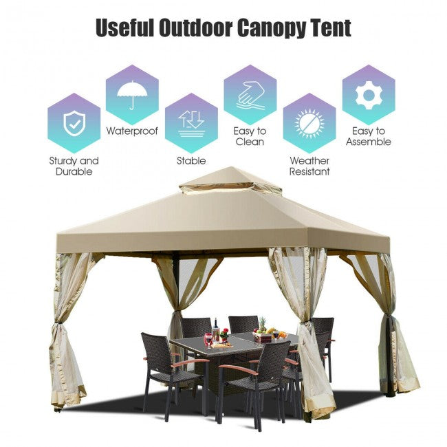 10’ x 10’ Outdoor Garden Gazebo Canopy Patio Screw-free Structure Shelter Tent with 2-Tier Roof and Mosquito Netting