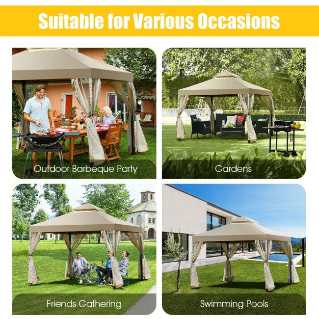 10’ x 10’ Outdoor Garden Gazebo Canopy Patio Screw-free Structure Shelter Tent with 2-Tier Roof and Mosquito Netting