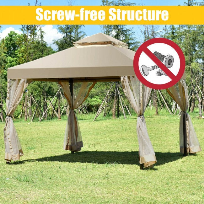 10’ x 10’ Outdoor Garden Gazebo Canopy Patio Screw-free Structure Shelter Tent with 2-Tier Roof and Mosquito Netting