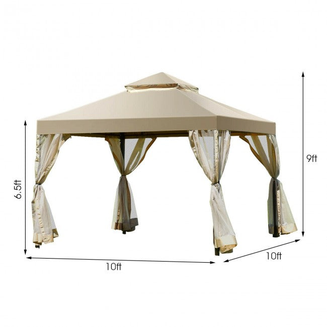 10’ x 10’ Outdoor Garden Gazebo Canopy Patio Screw-free Structure Shelter Tent with 2-Tier Roof and Mosquito Netting