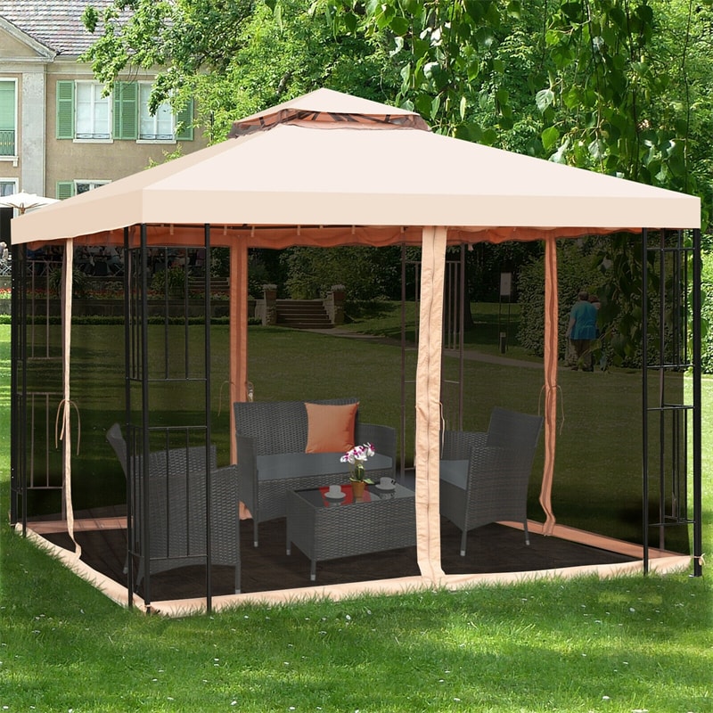 10'x10' Outdoor Metal Gazebo Patio Canopy Shelter Garden Pavilion with 2-Tier Roof and Mosquito Netting for Backyard