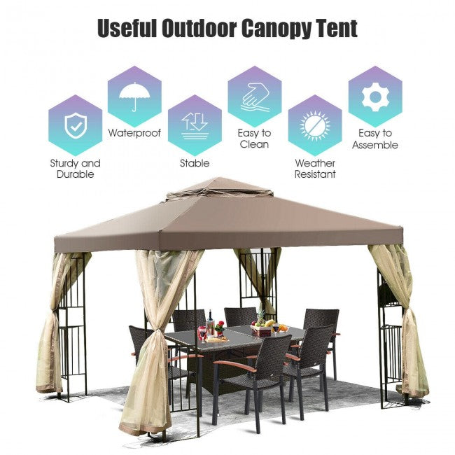 10 x 10FT Outdoor Gazebo Tent Patio Screw-free Structure Canopy Shelter with Mosquito Netting