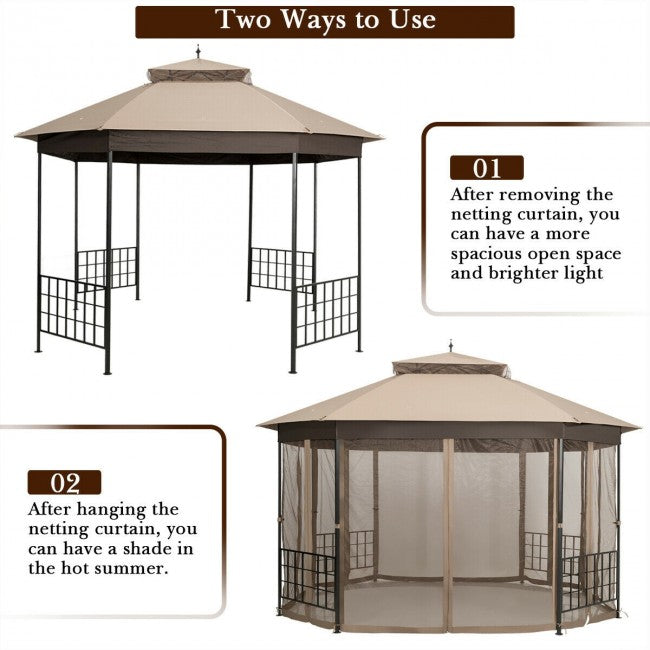 10 x 12 FT Outdoor Patio Heavy Duty Octagonal Gazebo Canopy Shelter with Mosquito Netting and Double Roof