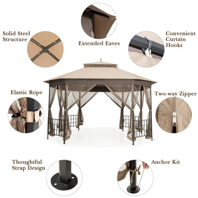 10 x 12 FT Outdoor Patio Heavy Duty Octagonal Gazebo Canopy Shelter with Mosquito Netting and Double Roof