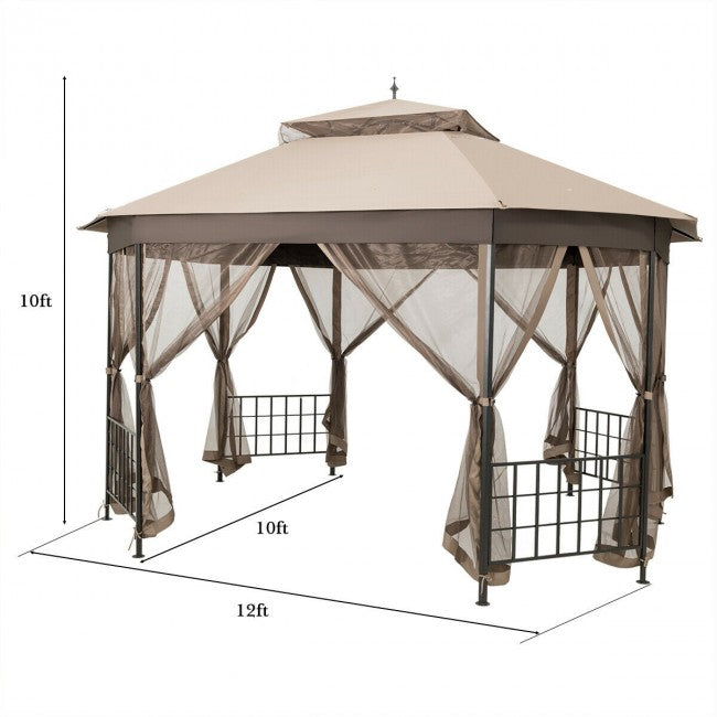 10 x 12 FT Outdoor Patio Heavy Duty Octagonal Gazebo Canopy Shelter with Mosquito Netting and Double Roof