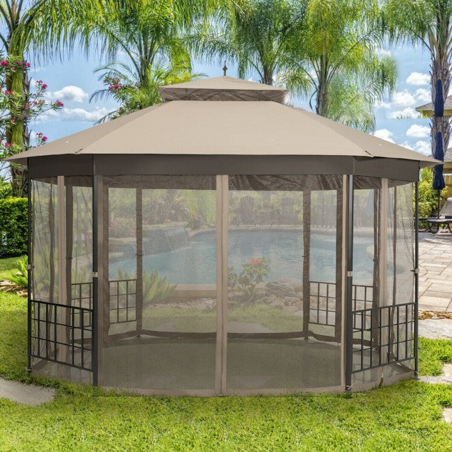 10 x 12 FT Outdoor Patio Heavy Duty Octagonal Gazebo Canopy Shelter with Mosquito Netting and Double Roof