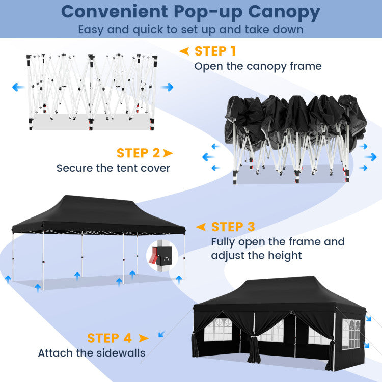10 x 20 FT Outdoor Pop-Up Canopy Portable Heavy-Duty Gazebo Tent with 6 Removable Sidewalls and Carrying Bag for 15-20 People