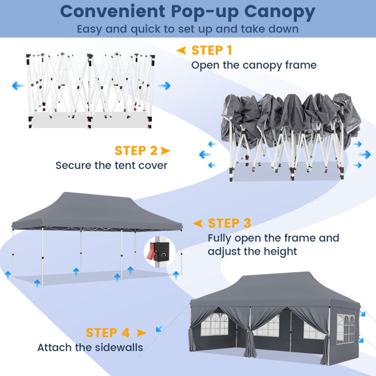 10 x 20 FT Outdoor Pop-Up Canopy Portable Heavy-Duty Gazebo Tent with 6 Removable Sidewalls and Carrying Bag for 15-20 People