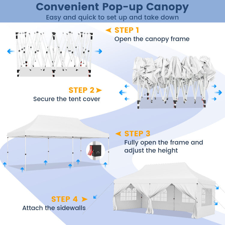 10 x 20 FT Outdoor Pop-Up Canopy Portable Heavy-Duty Gazebo Tent with 6 Removable Sidewalls and Carrying Bag for 15-20 People