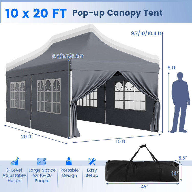 10 x 20 FT Outdoor Pop-Up Canopy Portable Heavy-Duty Gazebo Tent with 6 Removable Sidewalls and Carrying Bag for 15-20 People