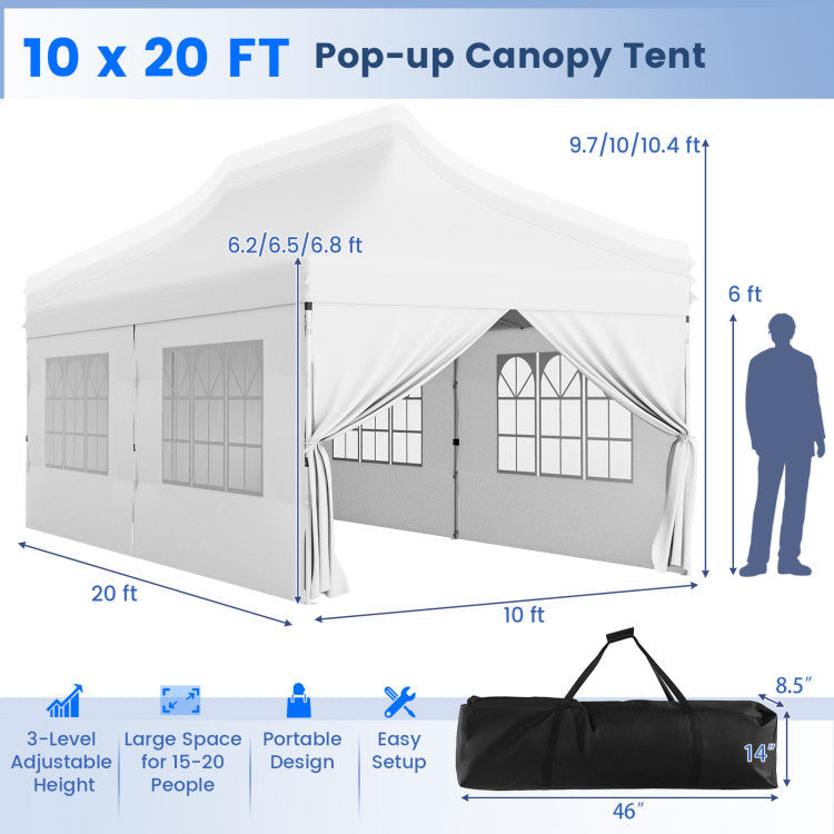 10 x 20 FT Outdoor Pop-Up Canopy Portable Heavy-Duty Gazebo Tent with 6 Removable Sidewalls and Carrying Bag for 15-20 People