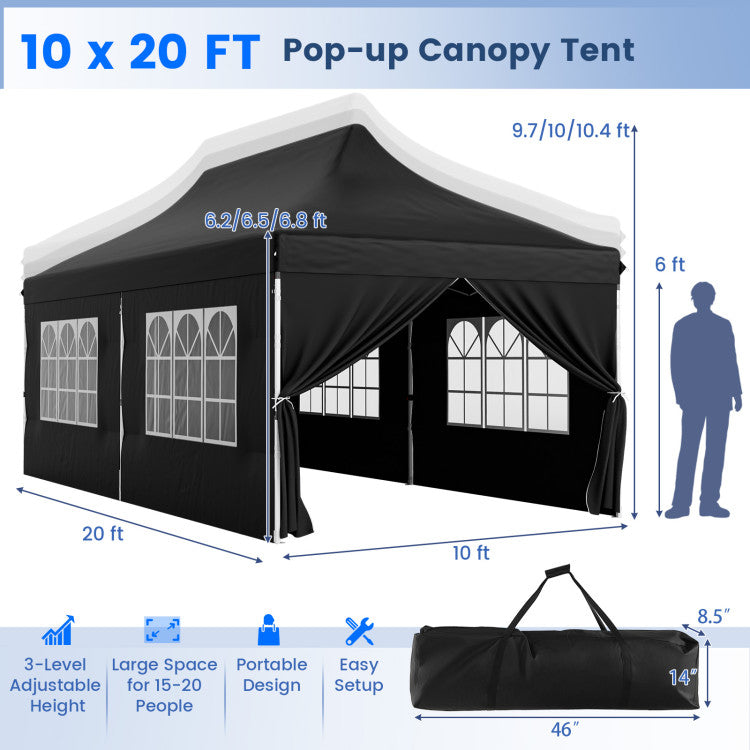 10 x 20 FT Outdoor Pop-Up Canopy Portable Heavy-Duty Gazebo Tent with 6 Removable Sidewalls and Carrying Bag for 15-20 People