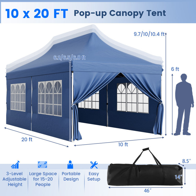 10 x 20 FT Outdoor Pop-Up Canopy Portable Heavy-Duty Gazebo Tent with 6 Removable Sidewalls and Carrying Bag for 15-20 People