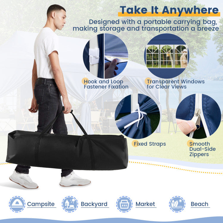 10 x 20 FT Outdoor Pop-Up Canopy Portable Heavy-Duty Gazebo Tent with 6 Removable Sidewalls and Carrying Bag for 15-20 People
