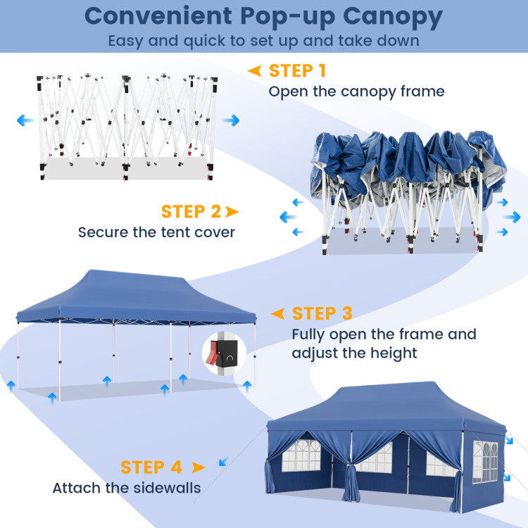 10 x 20 FT Outdoor Pop-Up Canopy Portable Heavy-Duty Gazebo Tent with 6 Removable Sidewalls and Carrying Bag for 15-20 People
