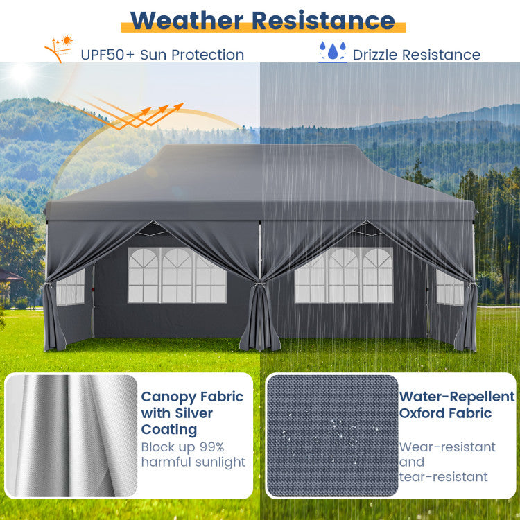 10 x 20 FT Outdoor Pop-Up Canopy Portable Heavy-Duty Gazebo Tent with 6 Removable Sidewalls and Carrying Bag for 15-20 People
