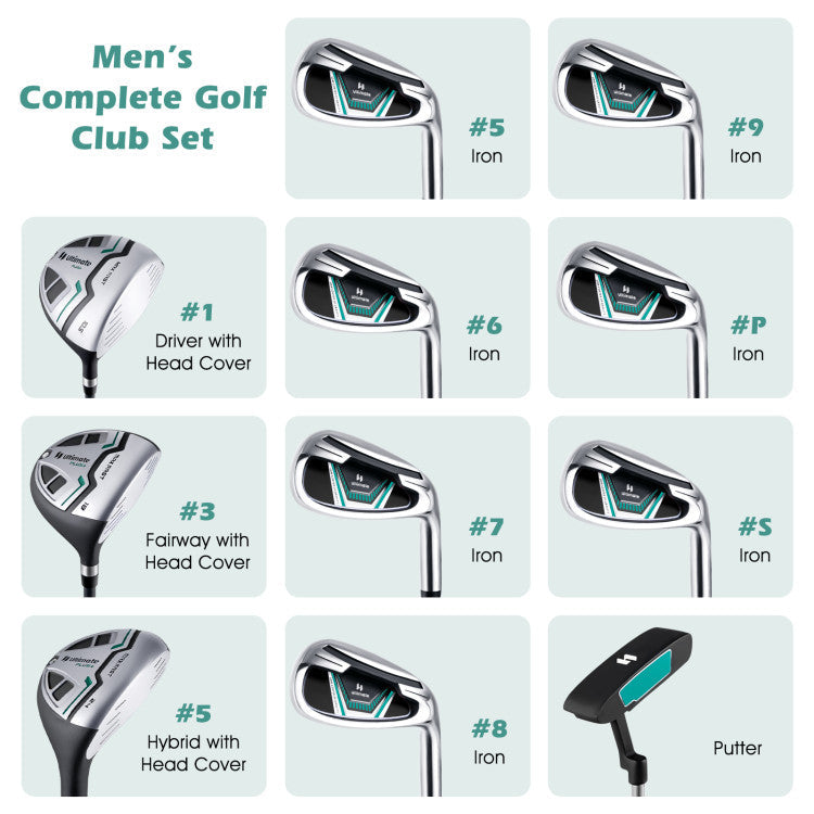 11 Pieces Portable Men’s Complete Golf Club Package Set with Non-Slip TPR Handle and Golf Stand Bag