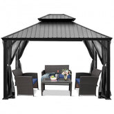 12' x 10' Outdoor Hardtop Gazebo Patio Galvanized Steel Pergolas Canopy Pavilion with Double Roof and Netting