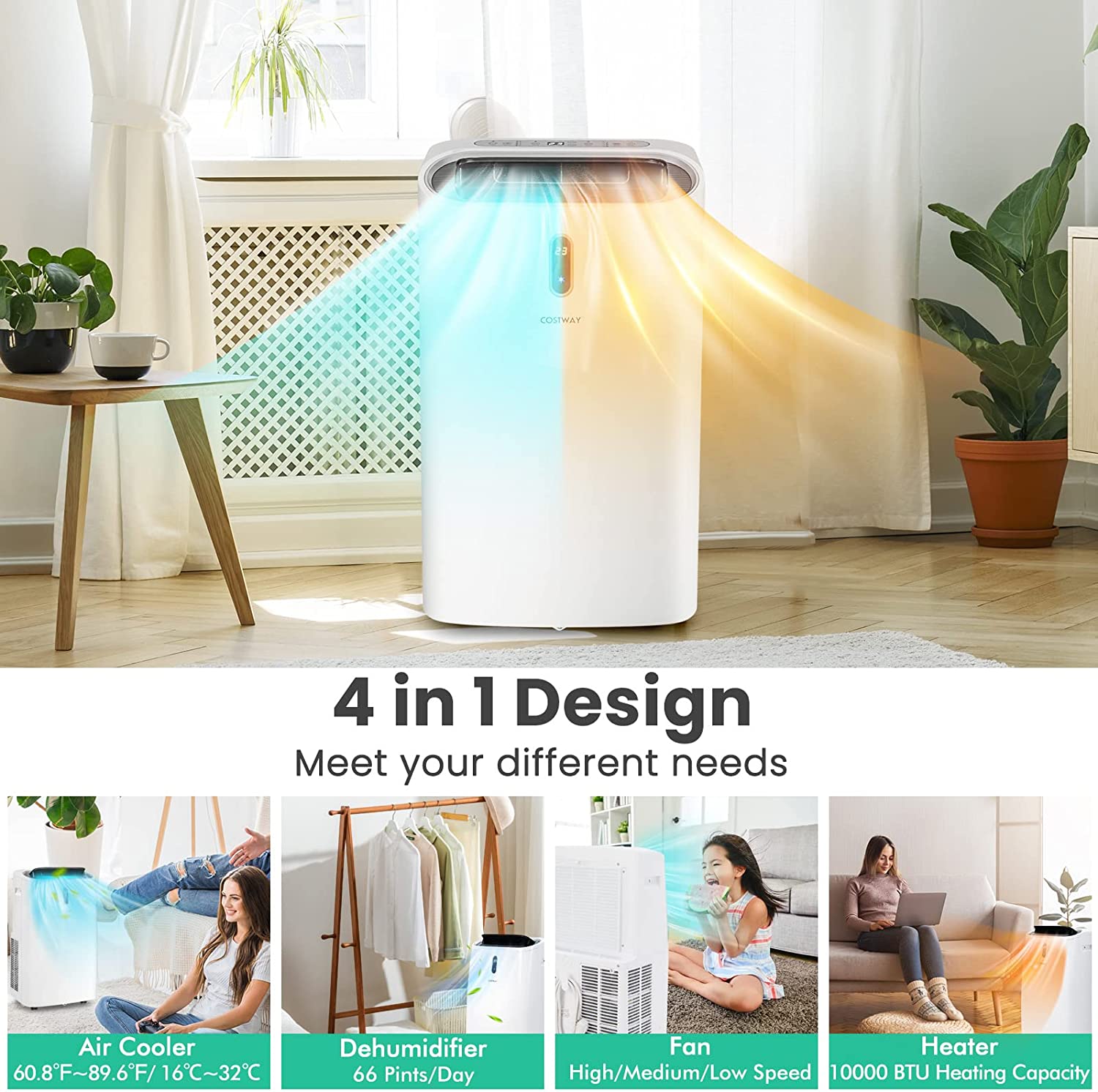 14000 BTU Portable Air Conditioner 4-in-1 AC Unit with Detachable Air Filter and 24H Smart Timer