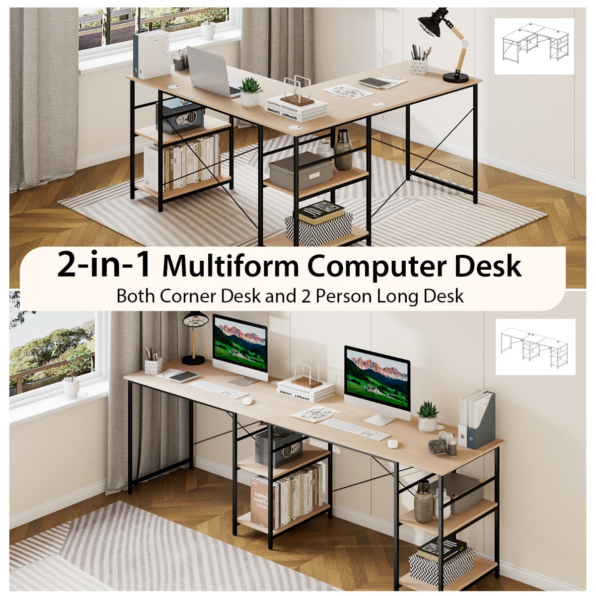 151CM Convertible L-shaped Computer Desk with 4 Storage Shelves for Home Office