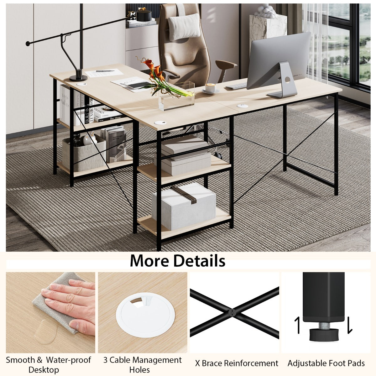 151CM Convertible L-shaped Computer Desk with 4 Storage Shelves for Home Office