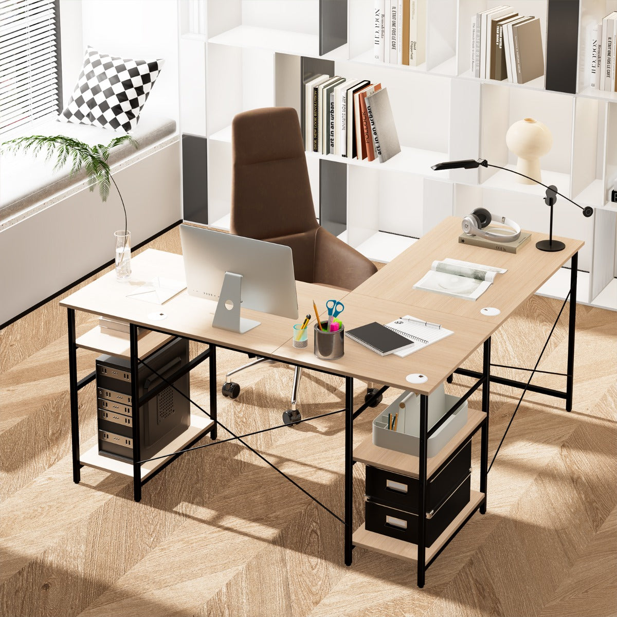 151CM Convertible L-shaped Computer Desk with 4 Storage Shelves for Home Office