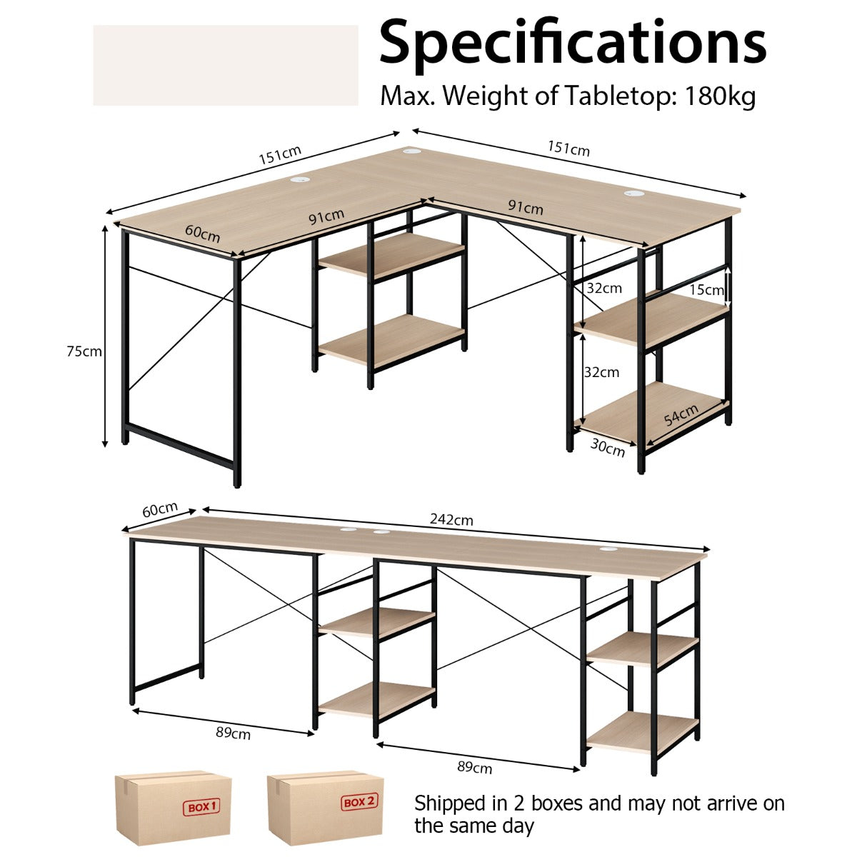 151CM Convertible L-shaped Computer Desk with 4 Storage Shelves for Home Office