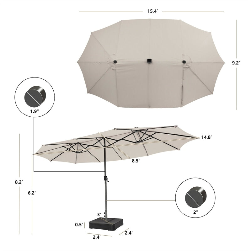 15 FT Outdoor Double-Sided Patio Umbrella with 48 Solar LED Lights and Umbrella Base