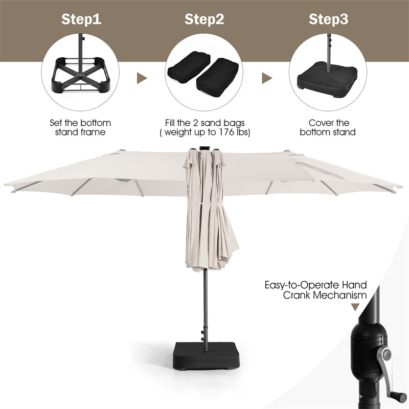15 FT Outdoor Double-Sided Patio Umbrella with 48 Solar LED Lights and Umbrella Base