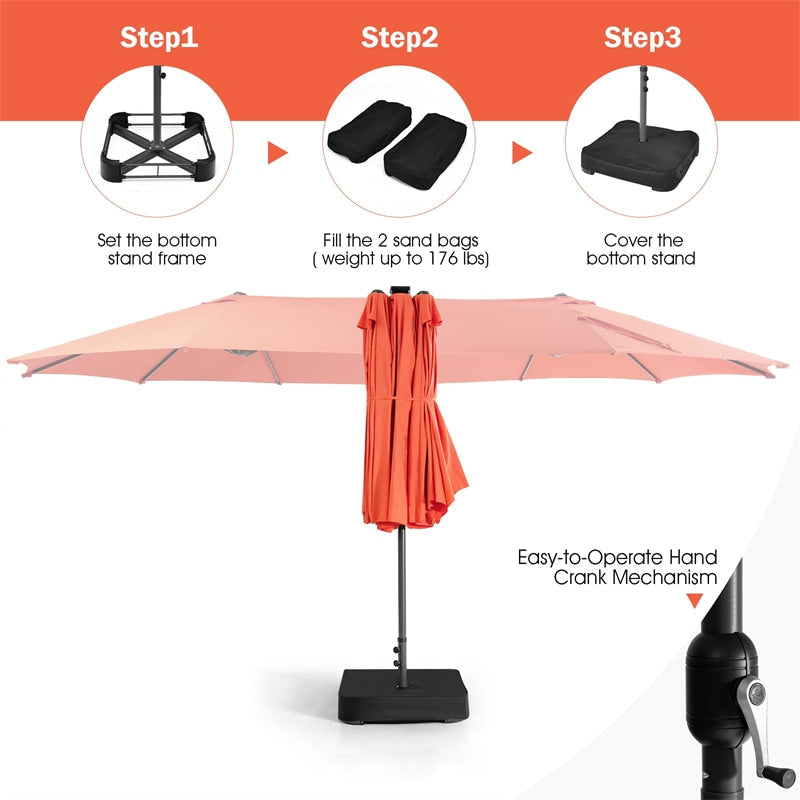15 FT Outdoor Double-Sided Patio Umbrella with 48 Solar LED Lights and Umbrella Base