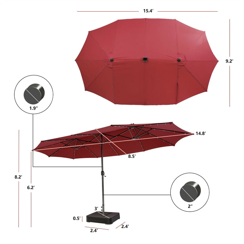 15 FT Outdoor Double-Sided Patio Umbrella with 48 Solar LED Lights and Umbrella Base