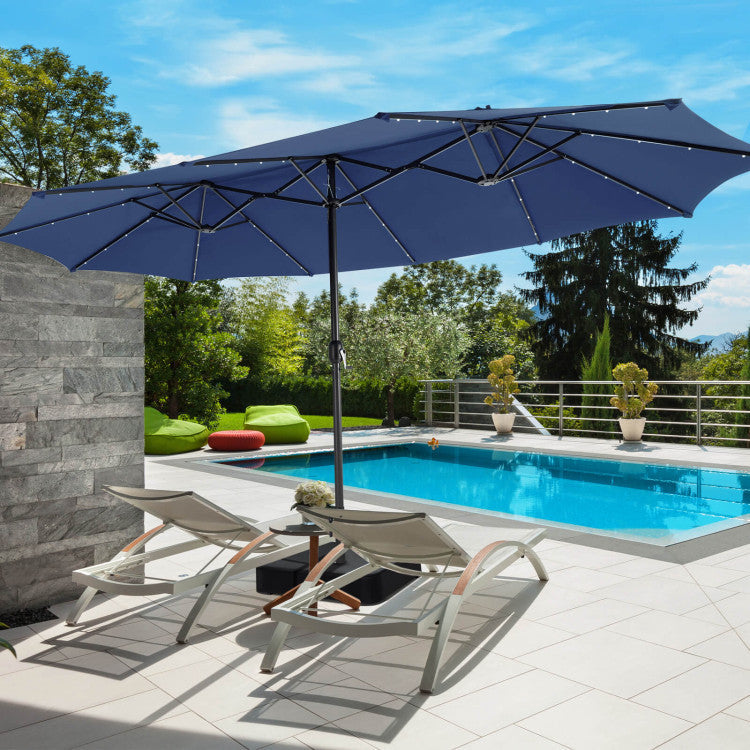 15 FT Outdoor Double-Sided Patio Umbrella with 48 Solar LED Lights and Umbrella Base