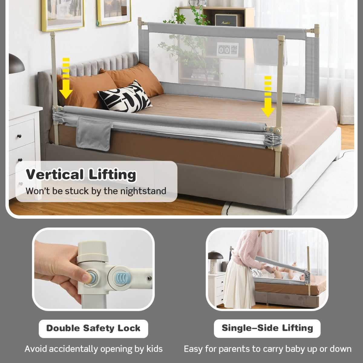 176CM Toddler Bedrail with Adjustable Heights and Side Pocket