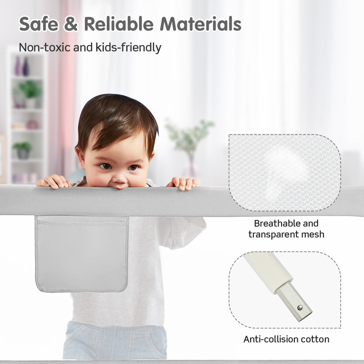 176CM Toddler Bedrail with Adjustable Heights and Side Pocket