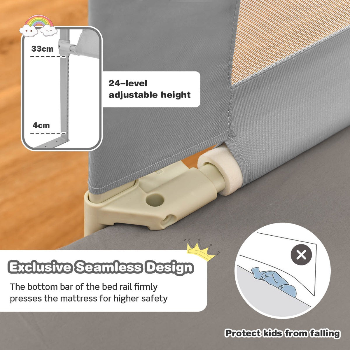 176CM Toddler Bedrail with Adjustable Heights and Side Pocket