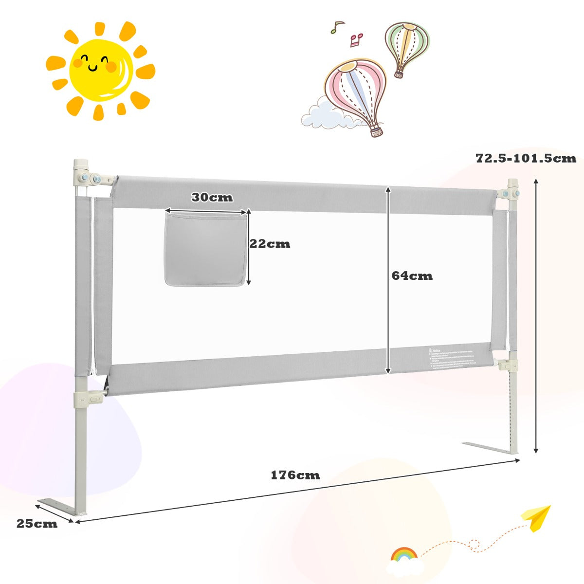 176CM Toddler Bedrail with Adjustable Heights and Side Pocket