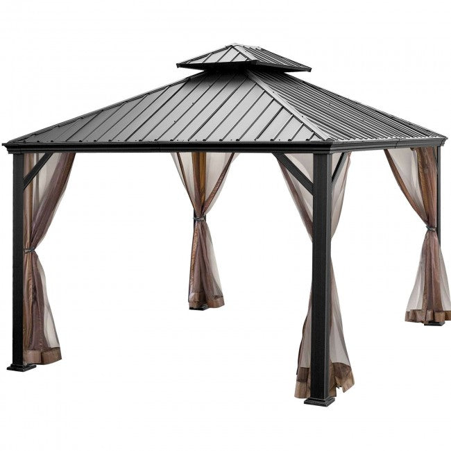 12' x 10' Outdoor Hardtop Gazebo Patio Galvanized Steel Pergolas Canopy Pavilion with Double Roof and Netting