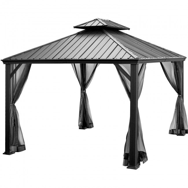 12' x 10' Outdoor Hardtop Gazebo Patio Galvanized Steel Pergolas Canopy Pavilion with Double Roof and Netting