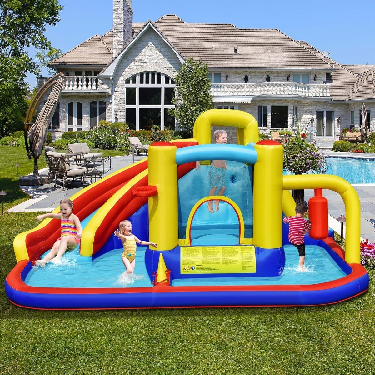 7-in-1 Inflatable Water Slide Water Park Kids Bounce Castle with 735W Air Blower