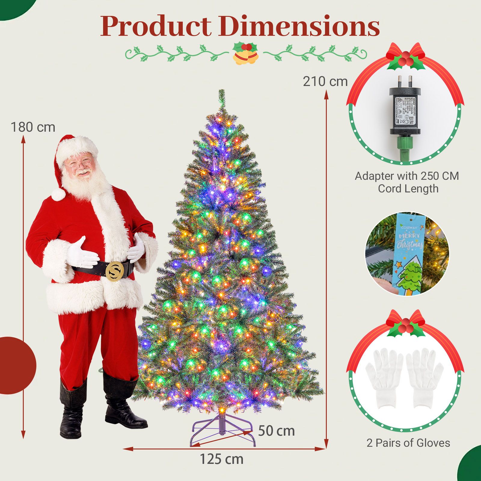180/210 CM Pre-Lit Artificial Christmas Tree with Multicolored LED Lights and Foldable Metal Stand