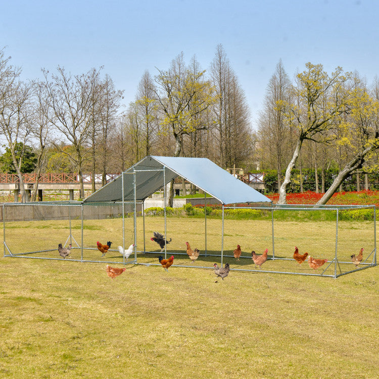 23FT Large Walk-in Chicken Coop Metal Poultry Cage Rabbits House Habitat Cage with Waterproof Cover for Backyard Farm