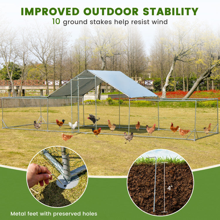 23FT Large Walk-in Chicken Coop Metal Poultry Cage Rabbits House Habitat Cage with Waterproof Cover for Backyard Farm