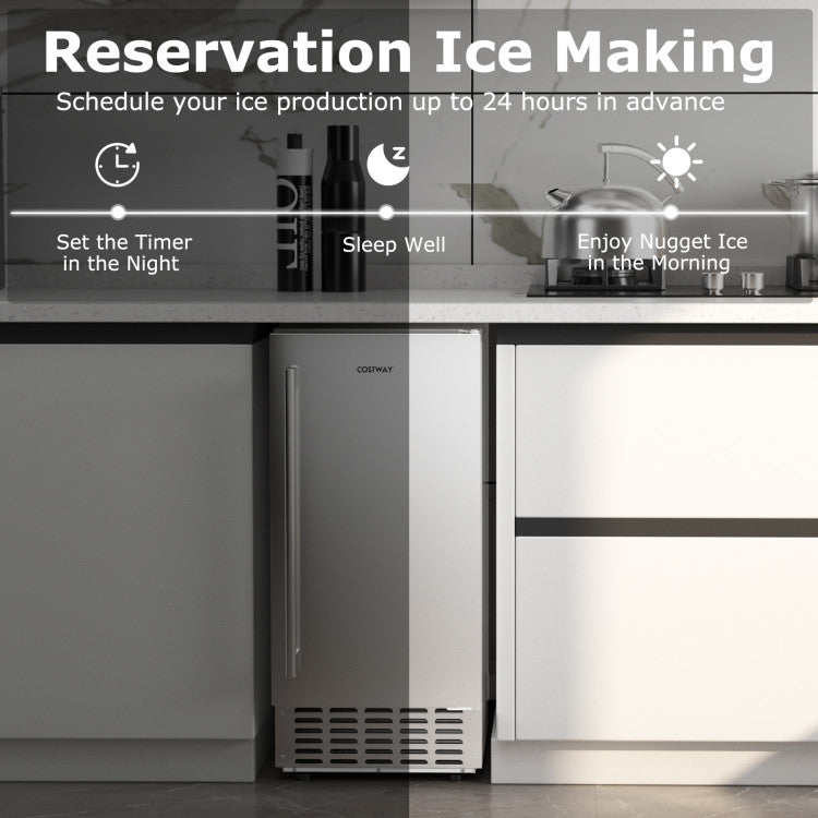 80Lbs/24H Commercial Ice Maker Stainless Steel Under Counter Nugget Ice Maker Machine with 24H Timer, Self-Cleaning and Storage Slot
