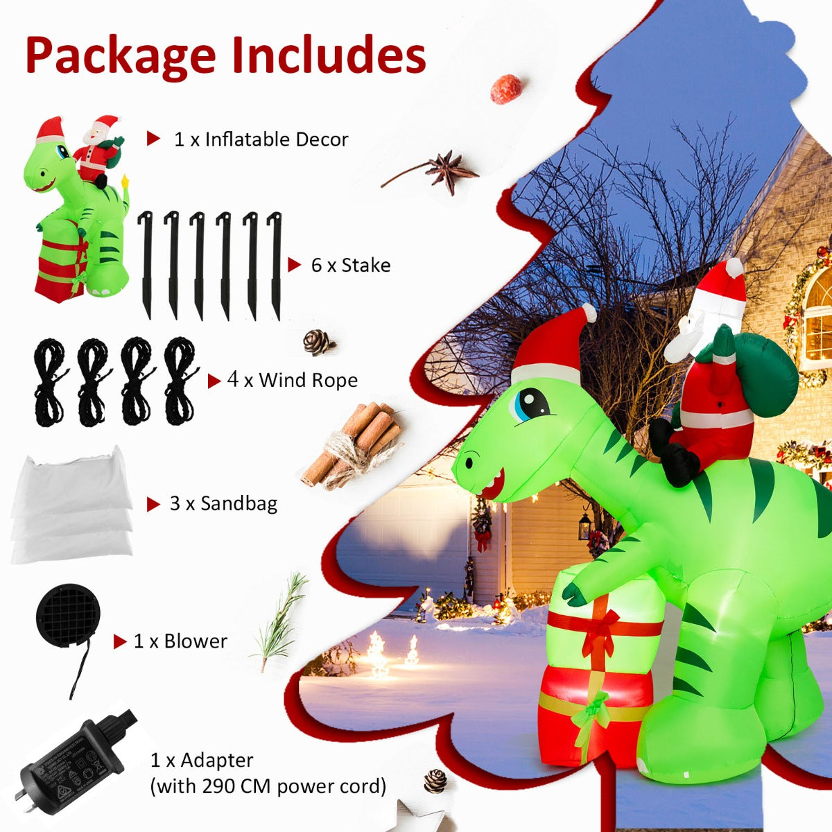 250 CM Christmas Inflatables Lighted Santa Claus Dinosaur Decoration