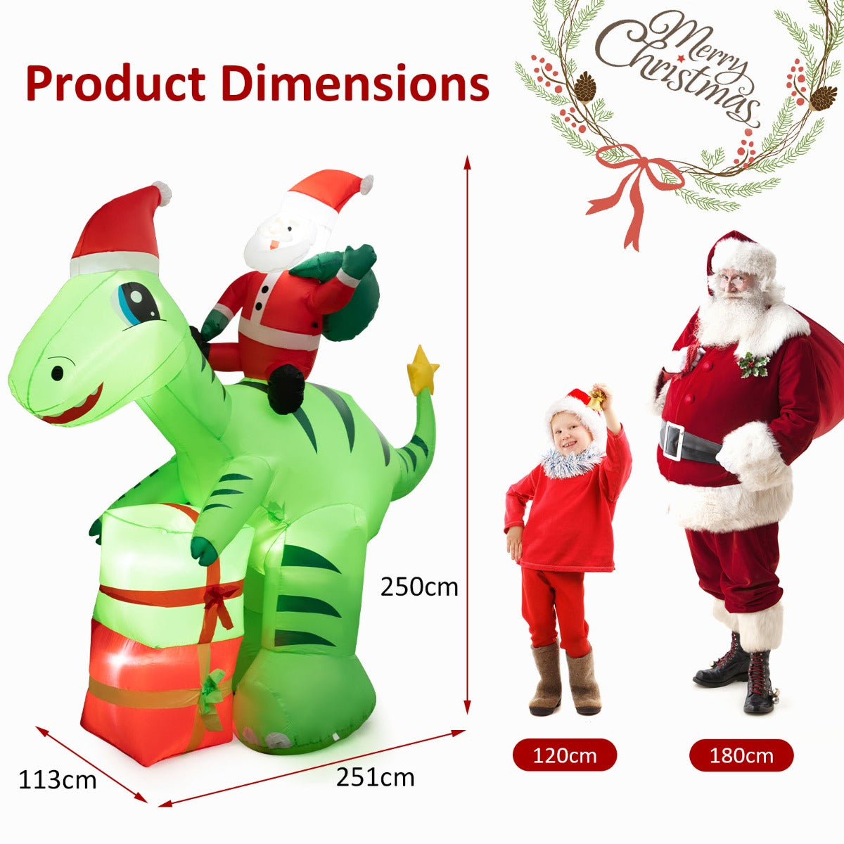 250 CM Christmas Inflatables Lighted Santa Claus Dinosaur Decoration