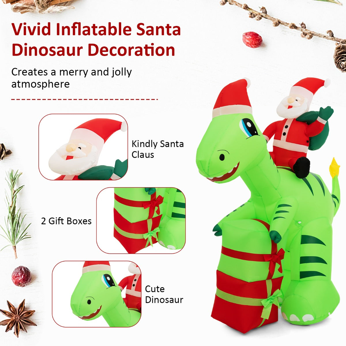 250 CM Christmas Inflatables Lighted Santa Claus Dinosaur Decoration
