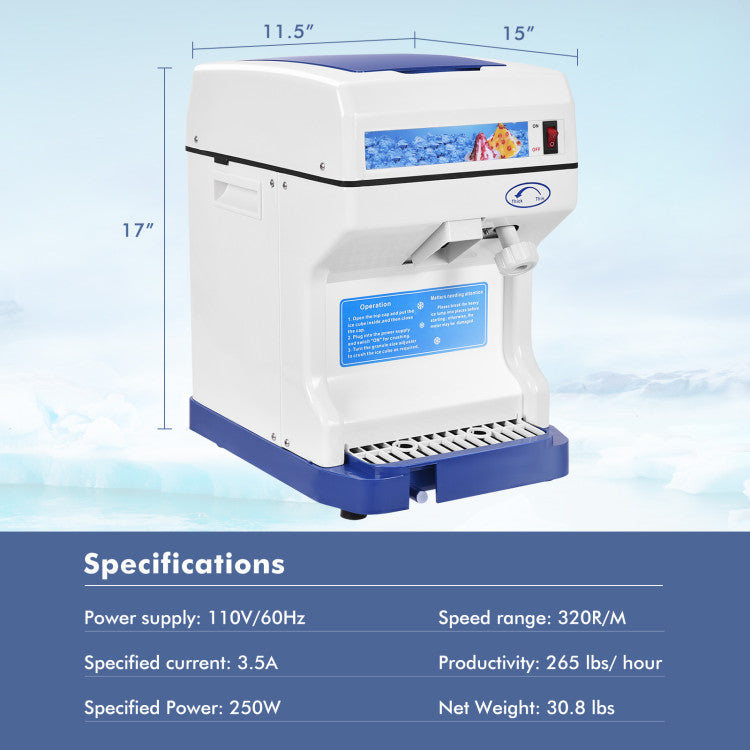 265LBS/H Electric Tabletop Ice Crusher Shaver Snow Cone Maker Machine with Drip Tray and Low Noise