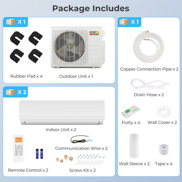 27000 BTU 2 Zone Mini Split Air Conditioner 19 SEER2 Wifi Enabled Ductless Wall Mounted Inverter AC Unit with Remote Control and 24H Timer